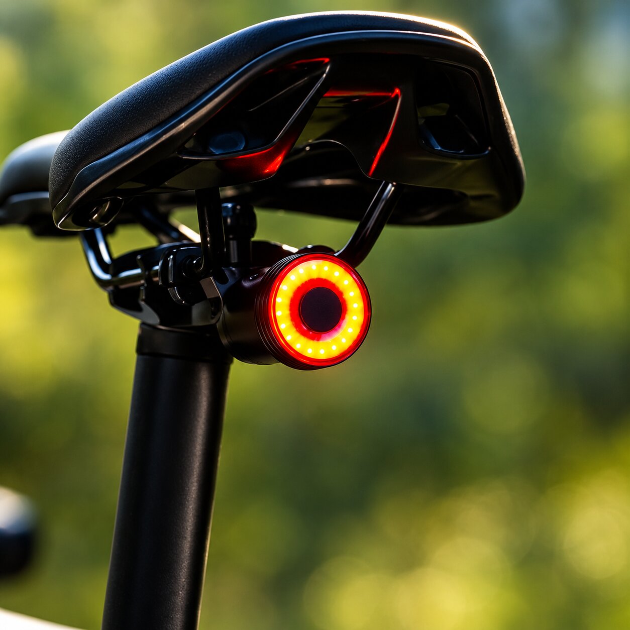 Luz traseira Aeronix com anel LED vermelho montada debaixo do selim